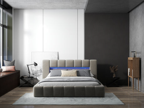 Pat dormitor dumonde, tapitat bej cu LED si USB, Palermo 140x200 cm, somiera rabatabila inclusa, spatiu depozitare WLS