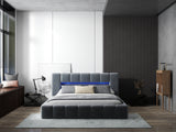 Pat dormitor dumonde, tapitat gri cu LED si USB, Palermo 160x200 cm, somiera rabatabila inclusa, spatiu depozitare (Copy) WLS