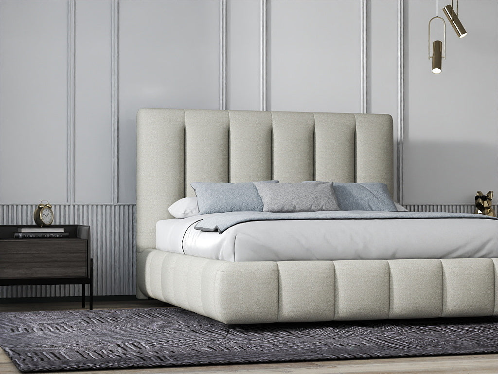 Set Pat dormitor dumonde, tapitat gri, Divaneo 160x200 cm, somiera rabatabila inclusa, spatiu depozitare + saltea