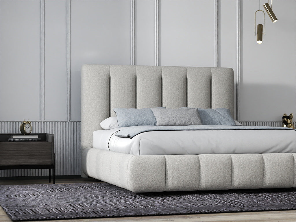 Set Pat dormitor dumonde, tapitat bej, Divaneo 180x200 cm, somiera rabatabila inclusa, spatiu depozitare + saltea