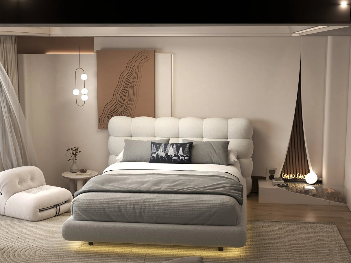 Set Pat dormitor dumonde, tapitat alb cu LED, "floating bed" Cloud 140x200 cm, somiera inclusa + saltea