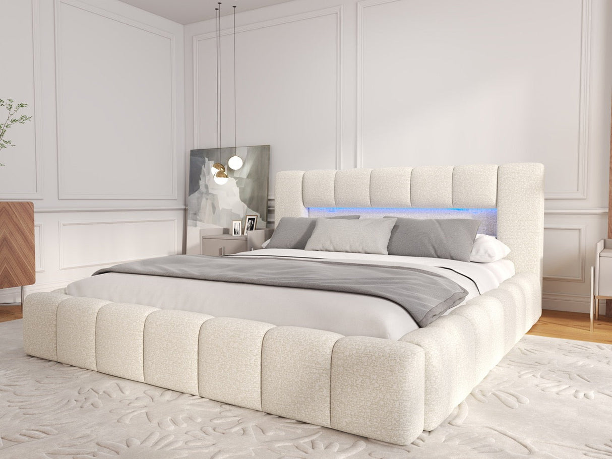 Pat dormitor dumonde, tapitat bej cu LED si USB, Palermo 160x200 cm, somiera rabatabila inclusa, spatiu depozitare