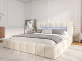 Pat dormitor dumonde, tapitat bej cu LED si USB, Palermo 160x200 cm, somiera rabatabila inclusa, spatiu depozitare