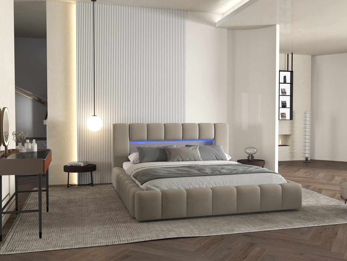 Set Pat dormitor dumonde, tapitat bej cu LED si USB, Palermo 180x200 cm, somiera rabatabila inclusa, spatiu depozitare + saltea
