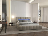 Set Pat dormitor dumonde, tapitat bej cu LED si USB, Palermo 180x200 cm, somiera rabatabila inclusa, spatiu depozitare + saltea