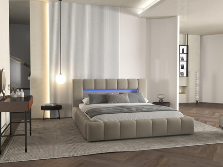 Pat dormitor dumonde, tapitat bej cu LED si USB, Palermo 180x200 cm, somiera rabatabila inclusa, spatiu depozitare WLS