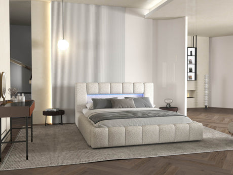 Pat dormitor dumonde, tapitat alb cu LED si USB, Palermo 180x200 cm, somiera rabatabila inclusa, spatiu depozitare WLS