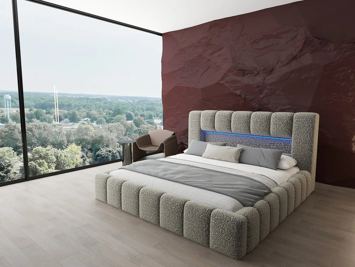 Pat dormitor dumonde, tapitat bej cu LED si USB, Palermo 160x200 cm, somiera rabatabila inclusa, spatiu depozitare WLS