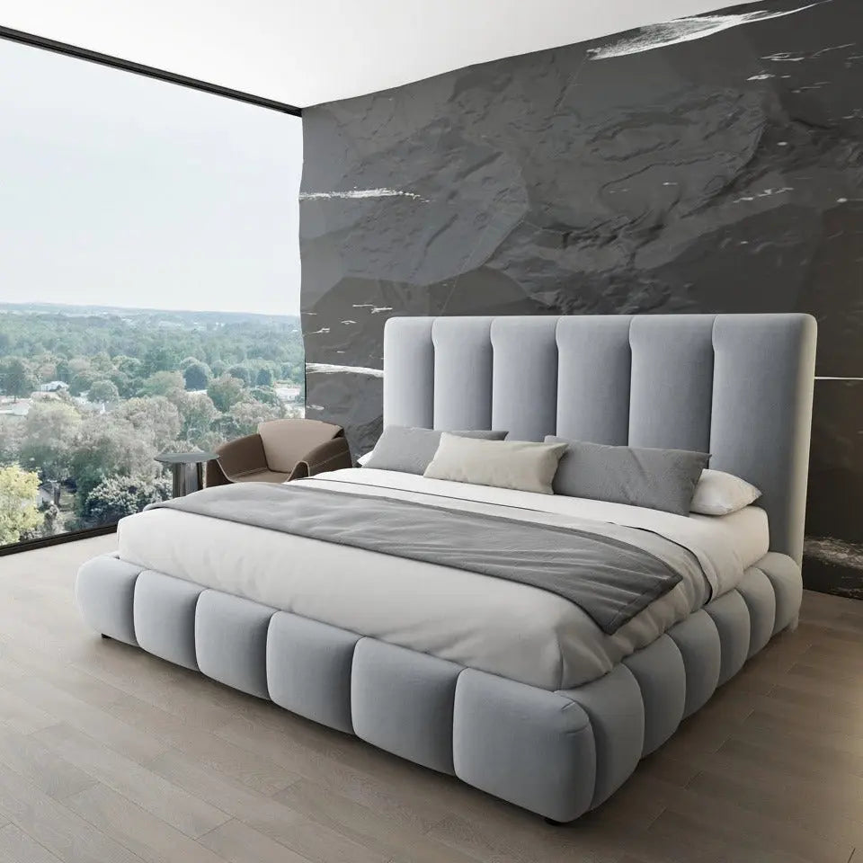 Pat dormitor dumonde, tapitat gri, Divaneo 180x200 cm, somiera rabatabila inclusa, spatiu depozitare WLS