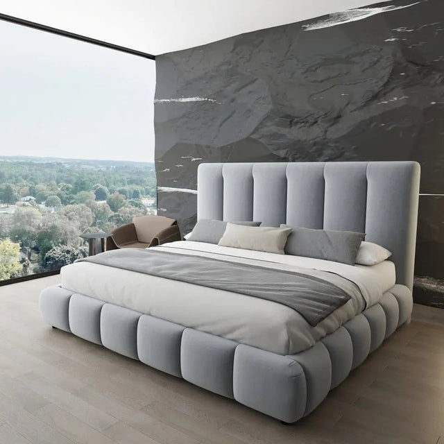 Pat dormitor dumonde, tapitat gri, Divaneo 180x200 cm, somiera rabatabila inclusa, spatiu depozitare WLS