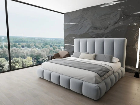 Pat dormitor dumonde, tapitat gri, Divaneo 140x200 cm, somiera rabatabila inclusa, spatiu depozitare