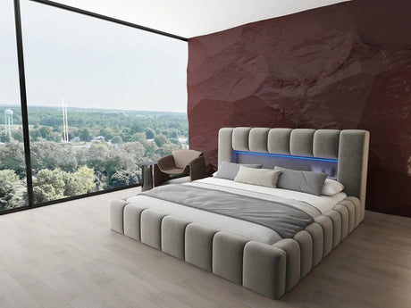 Pat dormitor dumonde, tapitat bej cu LED si USB, Palermo 180x200 cm, somiera rabatabila inclusa, spatiu depozitare WLS