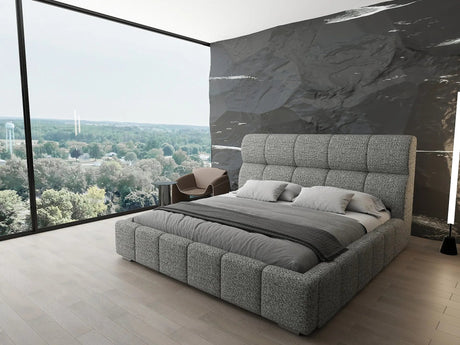 Pat dormitor dumonde, tapitat bej, Prestige 180x200 cm, somiera rabatabila inclusa, spatiu depozitare WLS