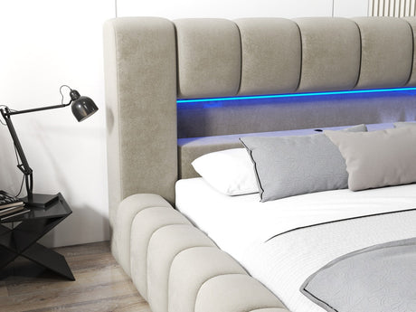Pat dormitor dumonde, tapitat bej cu LED si USB, Palermo 160x200 cm, somiera rabatabila inclusa, spatiu depozitare WLS