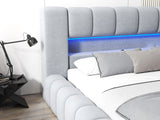 Pat dormitor dumonde, tapitat gri cu LED si USB, Palermo 160x200 cm, somiera rabatabila inclusa, spatiu depozitare WLS