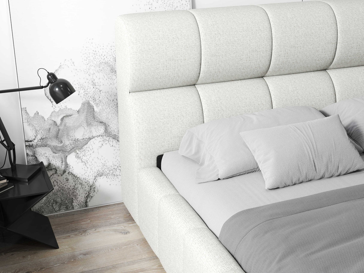 Pat dormitor dumonde, tapitat bej, Prestige 180x200 cm, somiera rabatabila inclusa, spatiu depozitare WLS