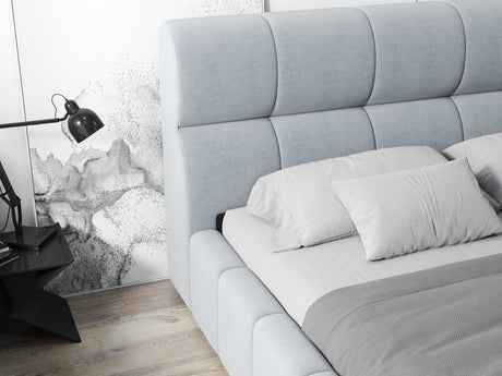 Pat dormitor dumonde, tapitat gri, Prestige 160x200 cm, somiera rabatabila inclusa, spatiu depozitare WLS