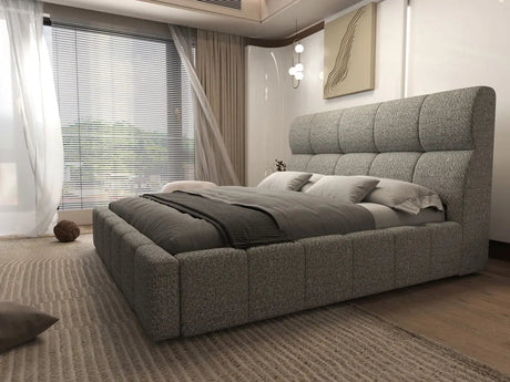 Pat dormitor dumonde, tapitat bej, Prestige 180x200 cm, somiera rabatabila inclusa, spatiu depozitare WLS