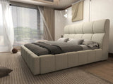 Pat dormitor dumonde, tapitat bej, Prestige 180x200 cm, somiera rabatabila inclusa, spatiu depozitare WLS