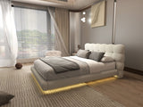 Set Pat dormitor dumonde, tapitat bej, Cloud 160x200 cm, somiera rabatabila inclusa, spatiu depozitare + saltea