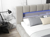 Pat dormitor dumonde, tapitat bej cu LED si USB, Palermo 180x200 cm, somiera rabatabila inclusa, spatiu depozitare WLS