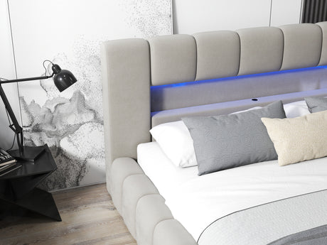 Pat dormitor dumonde, tapitat bej cu LED si USB, Palermo 180x200 cm, somiera rabatabila inclusa, spatiu depozitare WLS