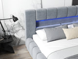 Pat dormitor dumonde, tapitat gri cu LED si USB, Palermo 140x200 cm, somiera rabatabila inclusa, spatiu depozitare WLS