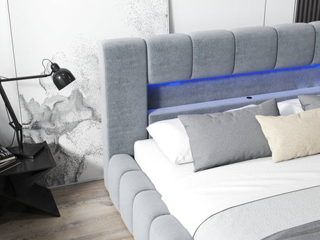 Pat dormitor dumonde, tapitat gri cu LED si USB, Palermo 140x200 cm, somiera rabatabila inclusa, spatiu depozitare WLS