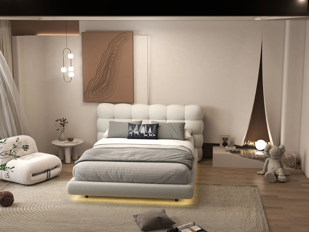 Set Pat dormitor dumonde, tapitat alb cu LED, "floating bed" Cloud 140x200 cm, somiera inclusa + saltea