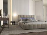 Set Pat dormitor dumonde, tapitat bej cu LED si USB, Palermo 180x200 cm, somiera rabatabila inclusa, spatiu depozitare + saltea