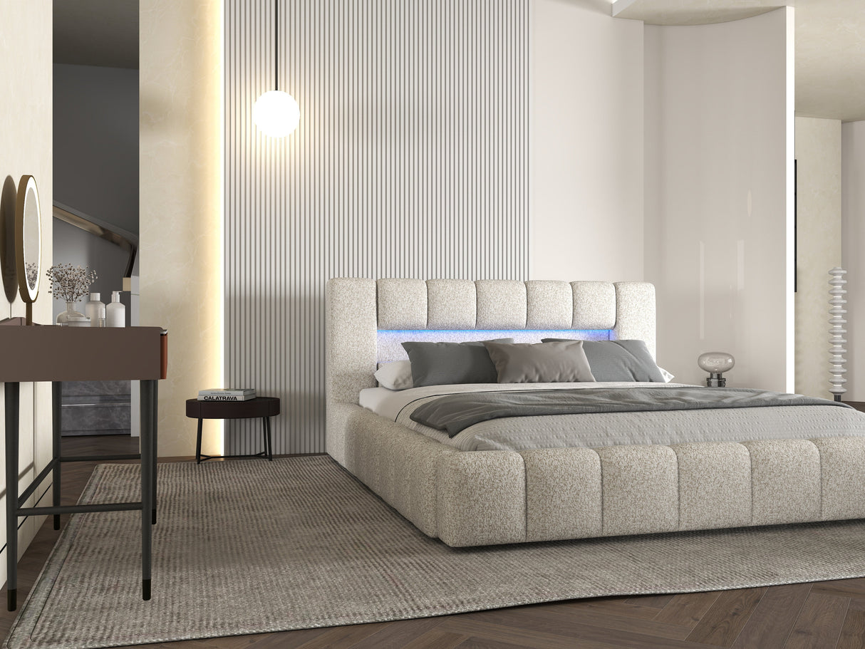 Set Pat dormitor dumonde, tapitat gri cu LED si USB, Palermo 160x200 cm, somiera rabatabila inclusa, spatiu depozitare + saltea