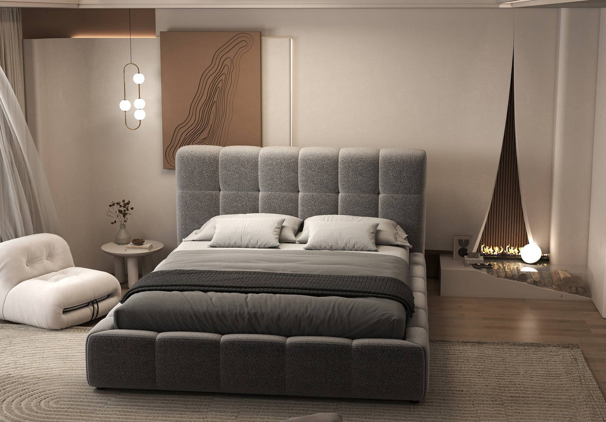 Set Pat dormitor dumonde, tapitat gri, Lorenzo 180X200 cm, somiera rabatabila inclusa, spatiu depozitare + saltea