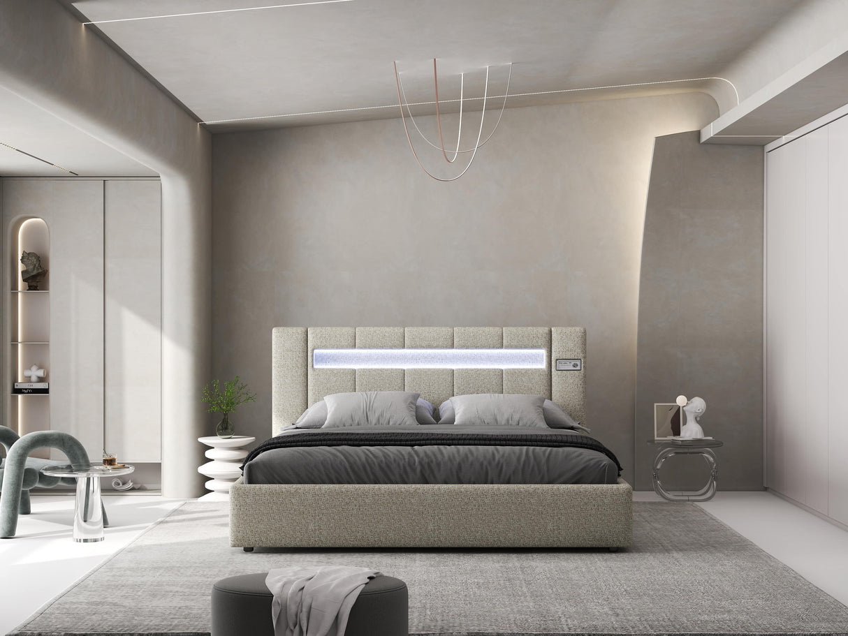 Pat dormitor dumonde, tapitat gri, Glow 180x200 cm, somiera rabatabila inclusa, spatiu depozitare