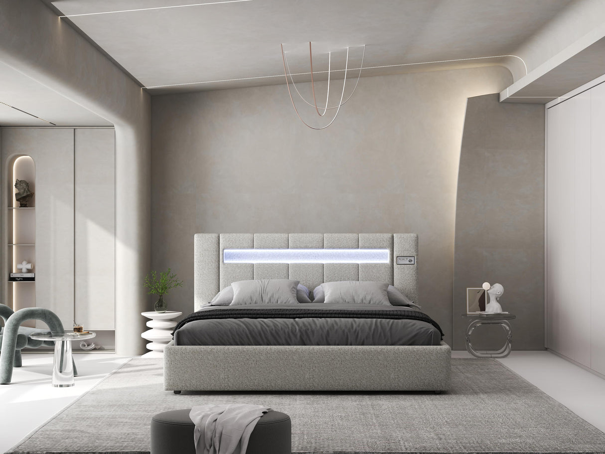 Pat dormitor dumonde, tapitat gri, Glow 160x200 cm, somiera rabatabila inclusa, spatiu depozitare WLS