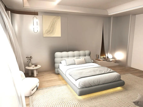 Pat dormitor dumonde, tapitat gri cu LED, "floating bed" Cloud 180x200 cm, somiera inclusa