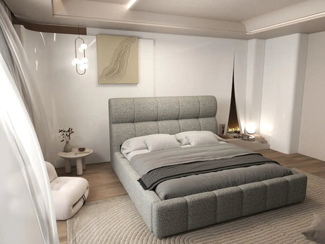 Pat dormitor dumonde, tapitat bej, Prestige 180x200 cm, somiera rabatabila inclusa, spatiu depozitare WLS