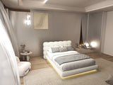 Set Pat dormitor dumonde, tapitat bej, Cloud 160x200 cm, somiera rabatabila inclusa, spatiu depozitare + saltea