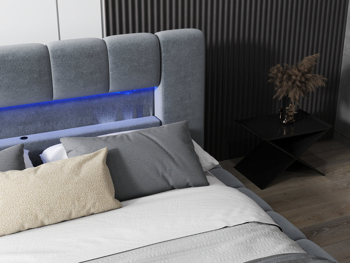Pat dormitor dumonde, tapitat gri cu LED si USB, Palermo 180x200 cm, somiera rabatabila inclusa, spatiu depozitare WLS