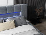 Pat dormitor dumonde, tapitat gri cu LED si USB, Palermo 180x200 cm, somiera rabatabila inclusa, spatiu depozitare WLS