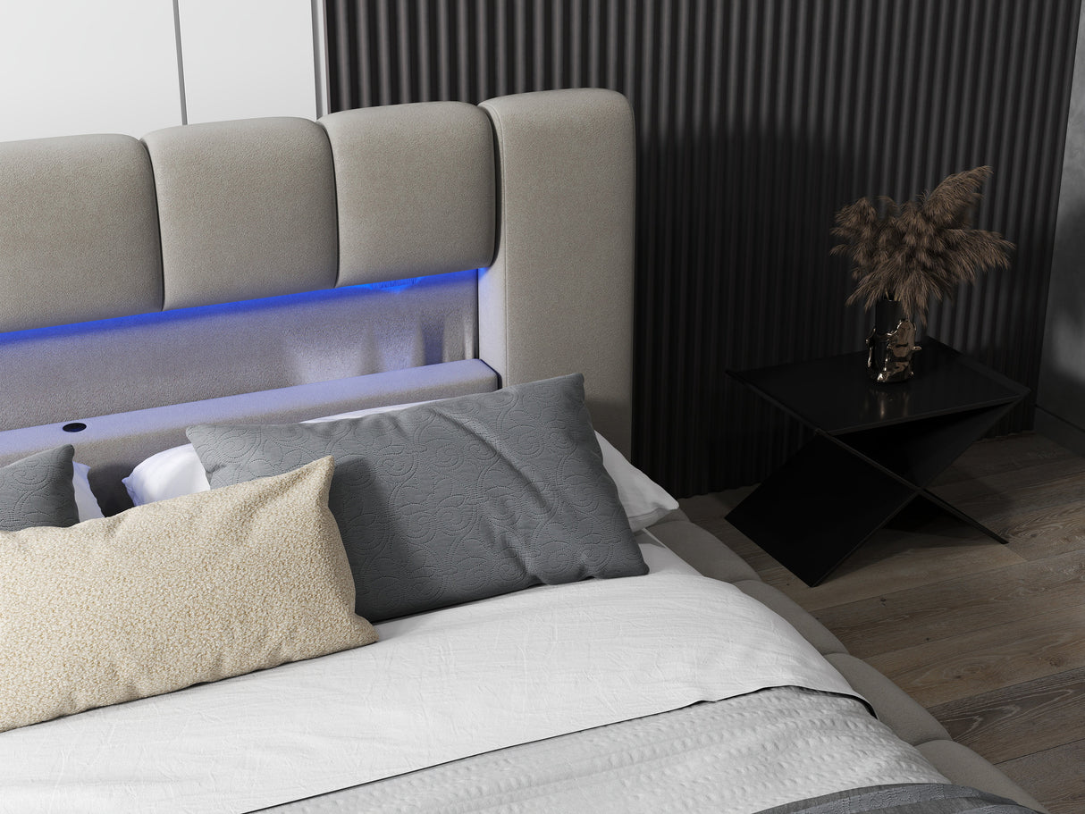 Pat dormitor dumonde, tapitat bej cu LED si USB, Palermo 180x200 cm, somiera rabatabila inclusa, spatiu depozitare WLS