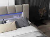 Pat dormitor dumonde, tapitat bej cu LED si USB, Palermo 180x200 cm, somiera rabatabila inclusa, spatiu depozitare WLS