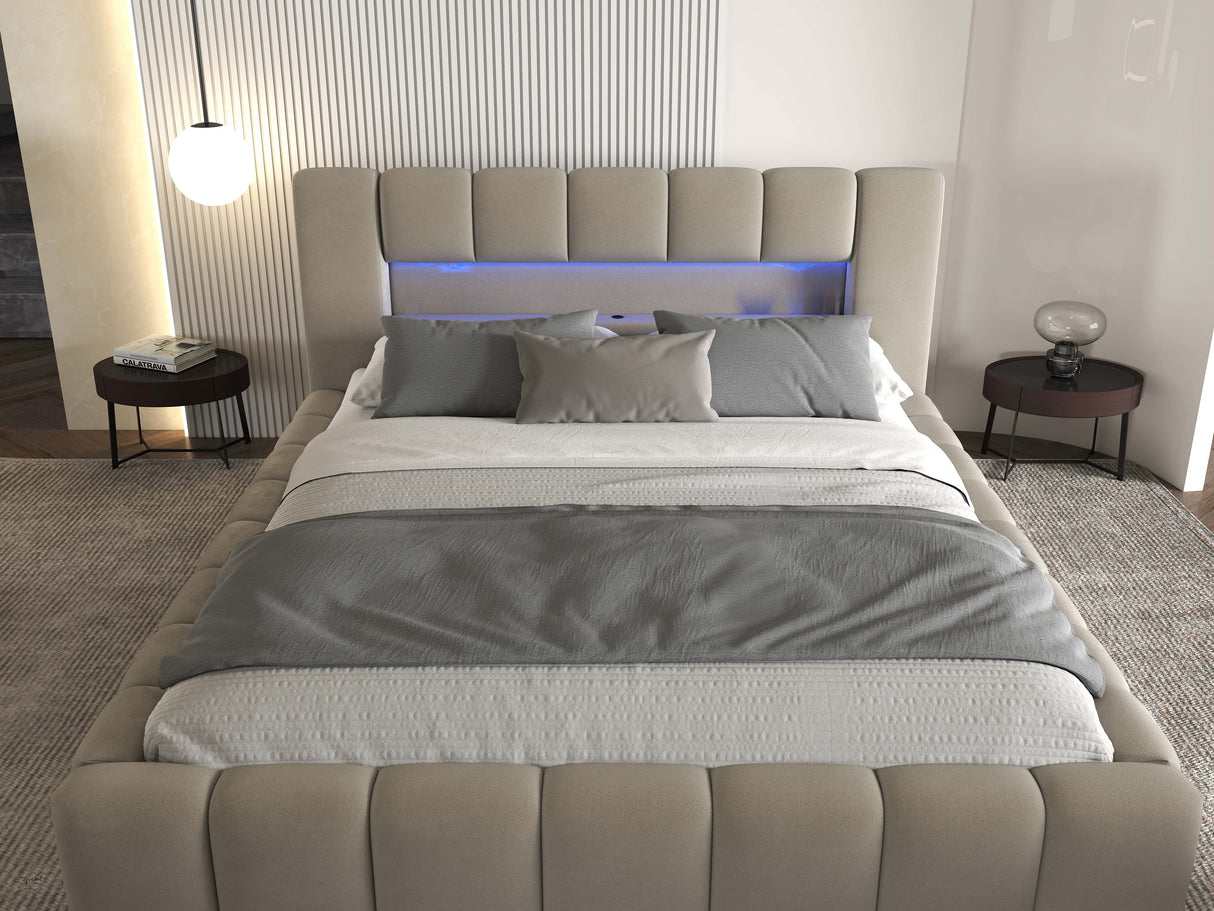Set Pat dormitor dumonde, tapitat bej cu LED si USB, Palermo 180x200 cm, somiera rabatabila inclusa, spatiu depozitare + saltea