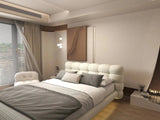 Set Pat dormitor dumonde, tapitat gri cu LED, "floating bed" Cloud 180x200 cm, somiera inclusa + saltea