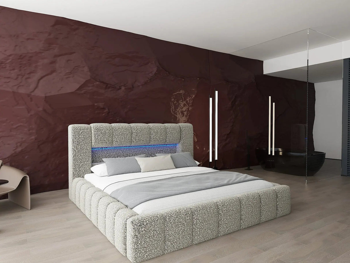 Pat dormitor dumonde, tapitat bej cu LED si USB, Palermo 160x200 cm, somiera rabatabila inclusa, spatiu depozitare WLS