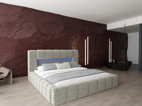 Pat dormitor dumonde, tapitat bej cu LED si USB, Palermo 160x200 cm, somiera rabatabila inclusa, spatiu depozitare WLS