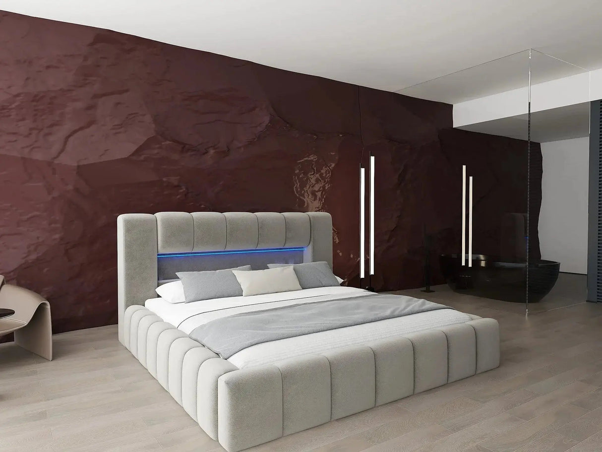 Pat dormitor dumonde, tapitat bej cu LED si USB, Palermo 140x200 cm, somiera rabatabila inclusa, spatiu depozitare