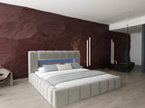 Pat dormitor dumonde, tapitat bej cu LED si USB, Palermo 180x200 cm, somiera rabatabila inclusa, spatiu depozitare WLS