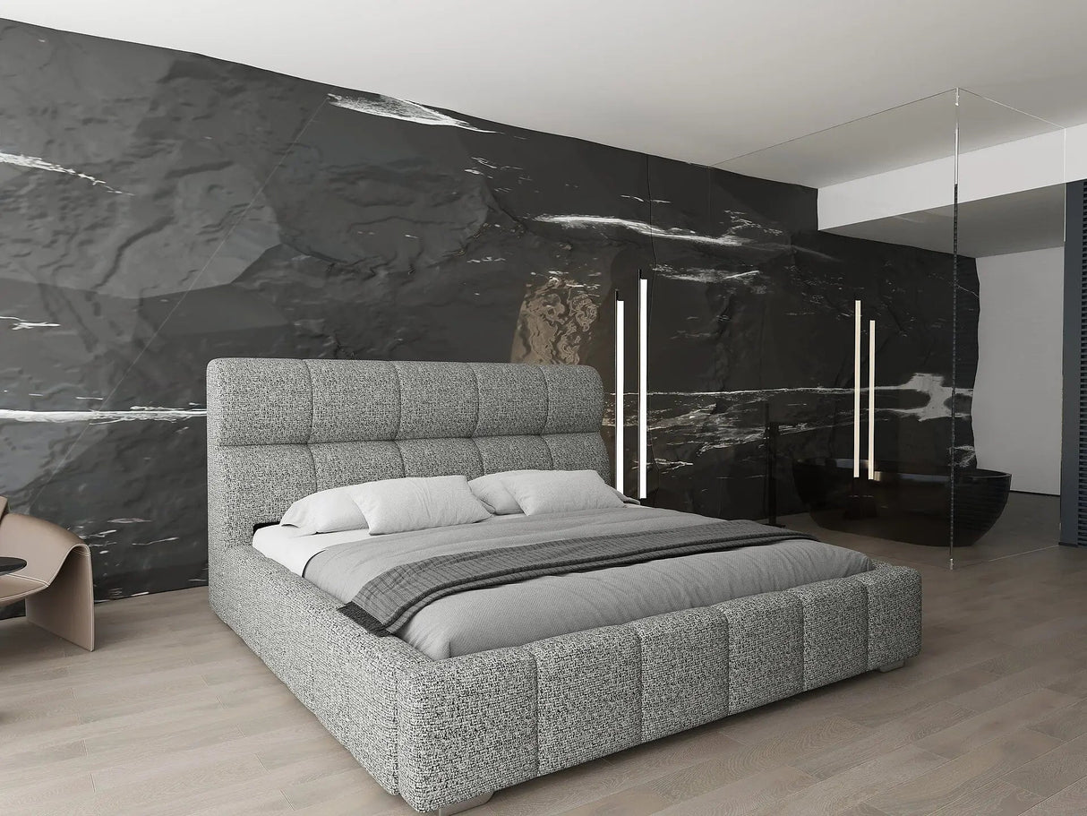 Pat dormitor dumonde, tapitat grey, Prestige 180x200 cm, somiera rabatabila inclusa, spatiu depozitare