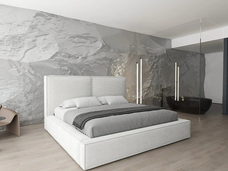 Pat dormitor dumonde, tapitat bej, Dreamer 160x200 cm, somiera rabatabila inclusa, spatiu depozitare WLS