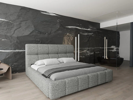 Pat dormitor dumonde, tapitat bej, Prestige 180x200 cm, somiera rabatabila inclusa, spatiu depozitare WLS